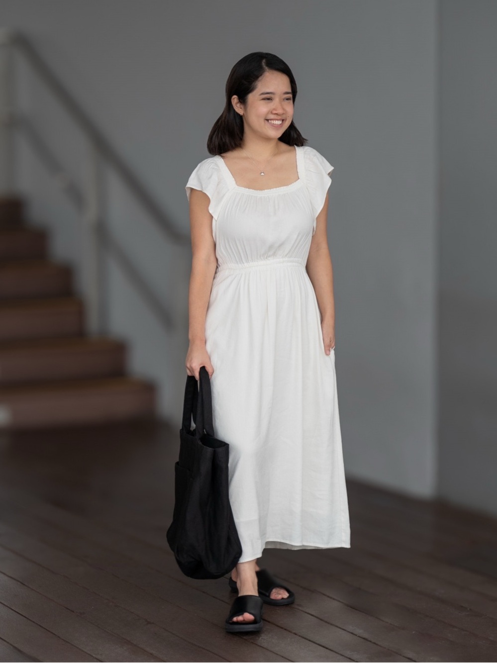 Uniqlo:C Cream Women’s Gathered Back Open Short Sleeve Dress Large
